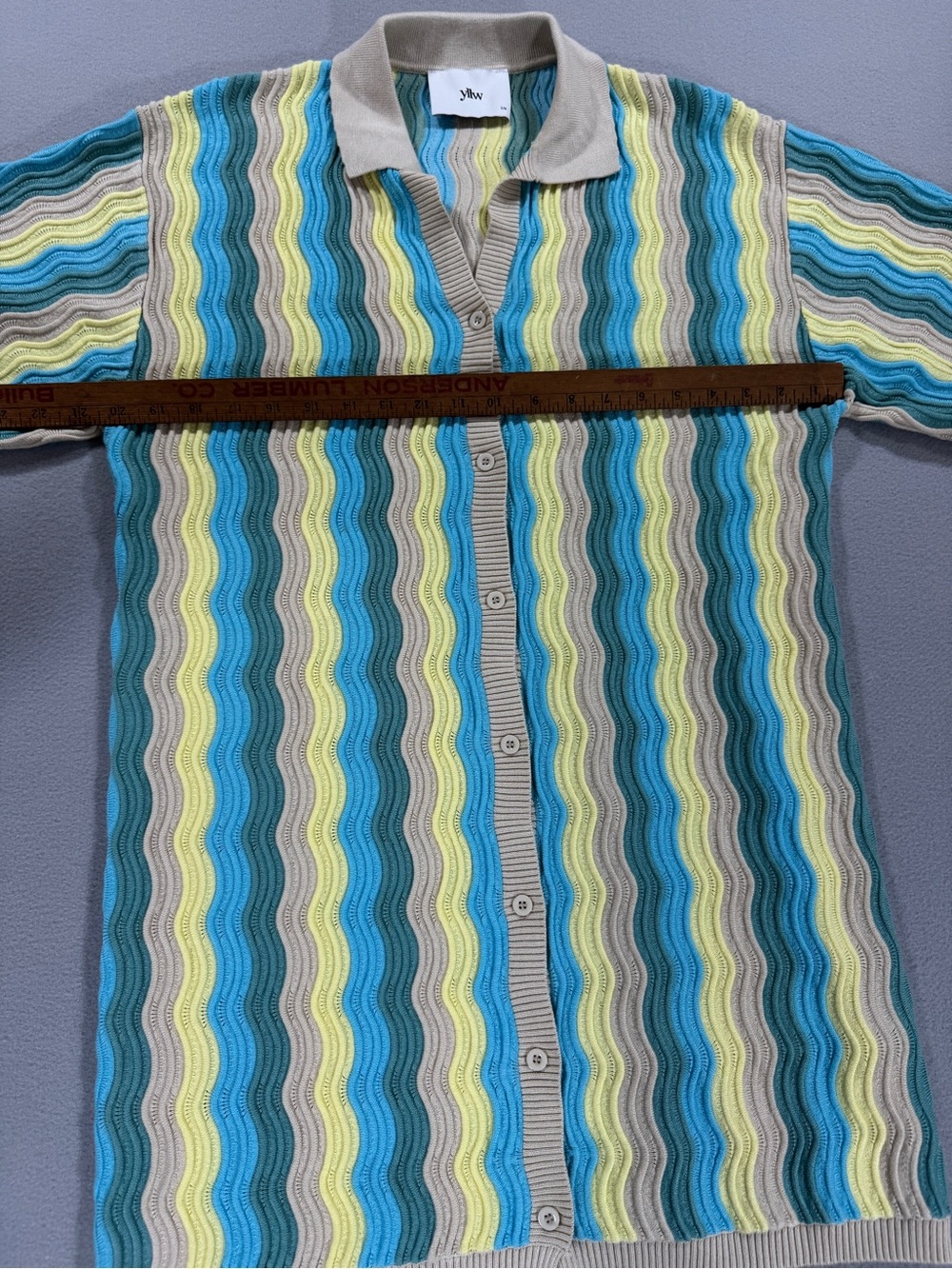 yllw the label Felix Knit Dress Blue Yellow Wave Stripe Button Collared Retro - Picture 10 of 15